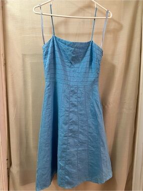 Ann Taylor Y2K Blue Linen Spaghetti Strap Mini Dress Size 0 A-Line Summer